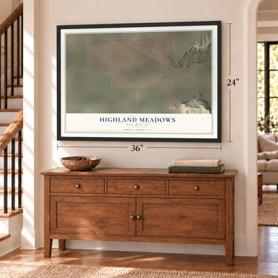Highland Meadows, New Mexico map, 24 x 36 inch print in a black frame above a dresser by a staircase