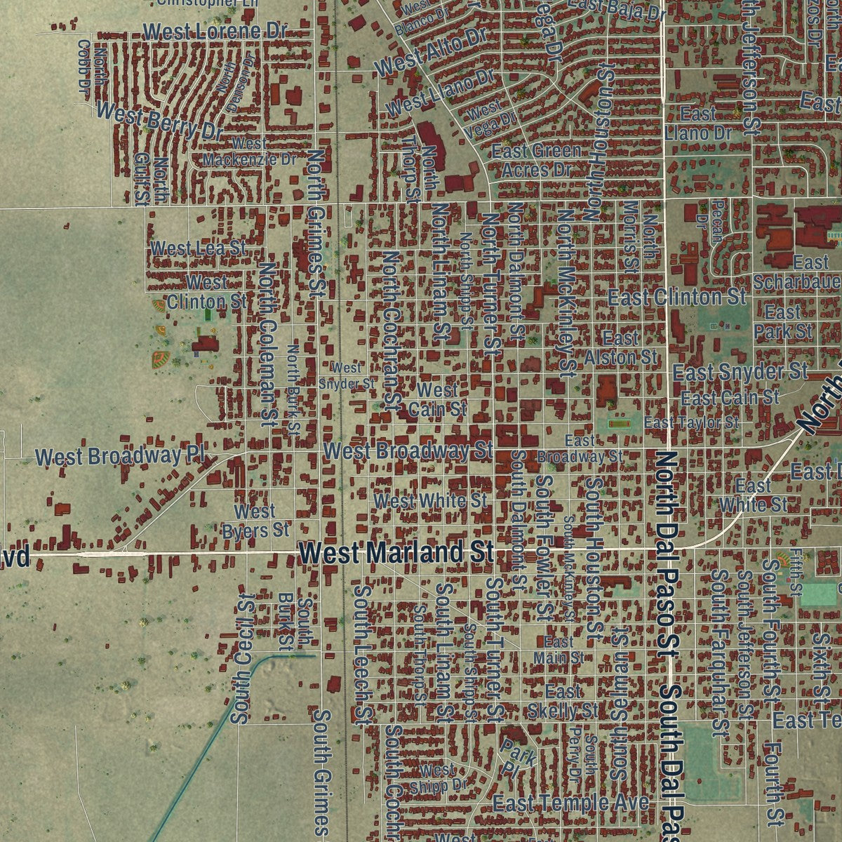 Close-up of the map of Hobbs, New Mexico print showing street and building detail