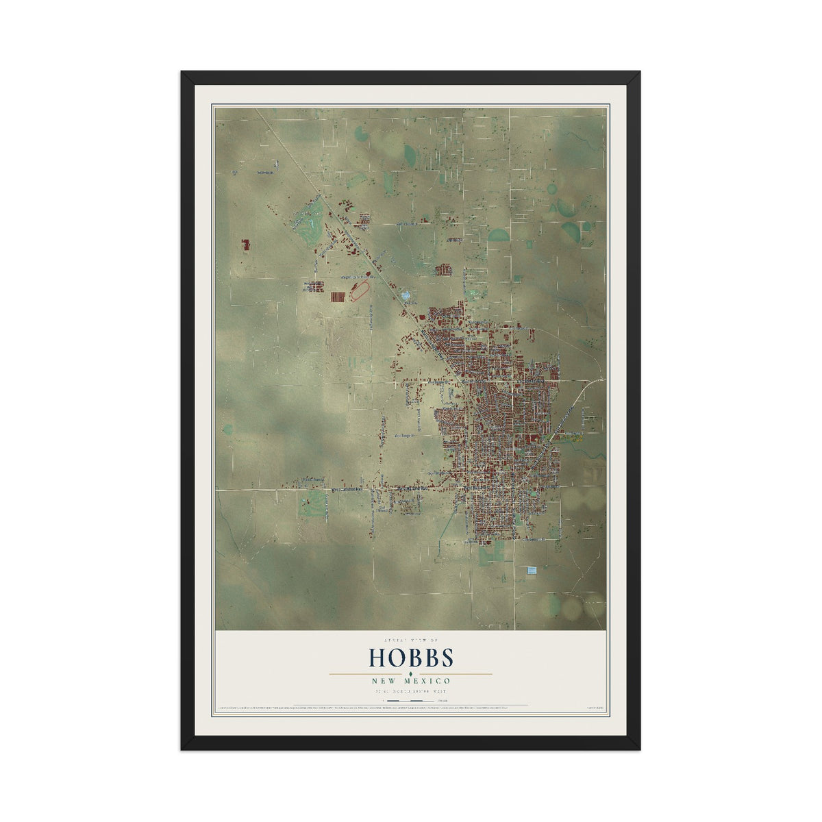 Map of Hobbs, New Mexico, 12 x 18 inch print in a black wood frame