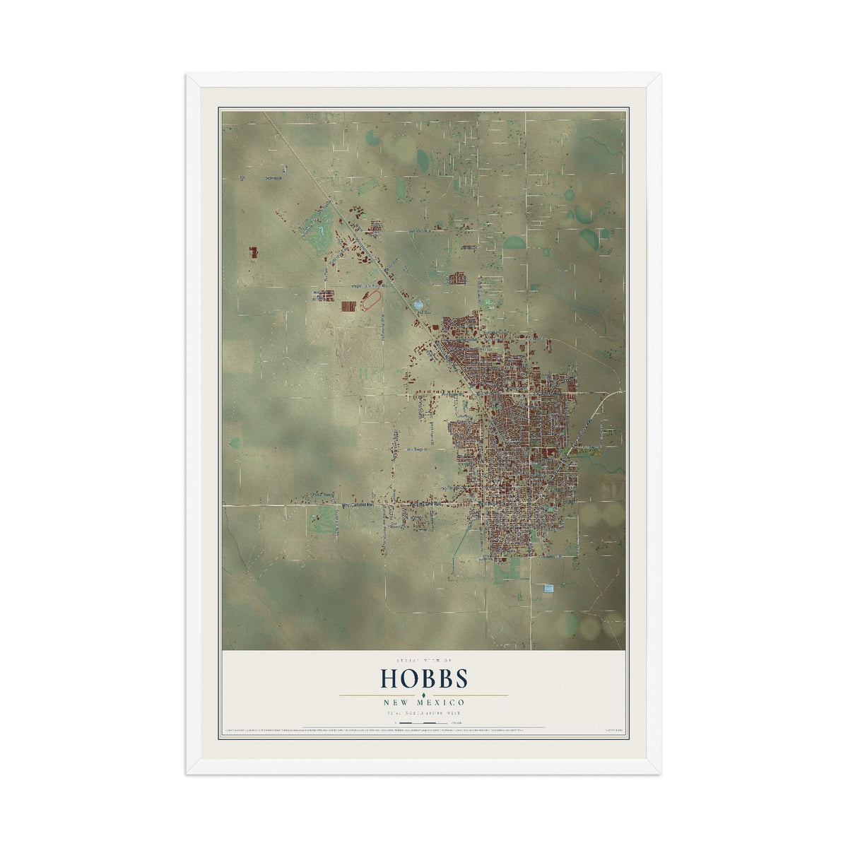 Map of Hobbs, New Mexico, 12 x 18 inch print in a white wood frame