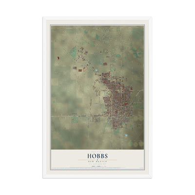 Map of Hobbs, New Mexico, 12 x 18 inch print in a white wood frame