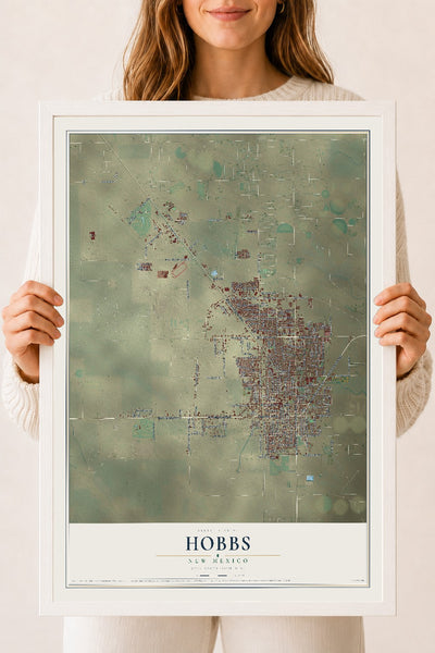 Map of Hobbs, New Mexico, 18 x 24 inch print in a white wood frame