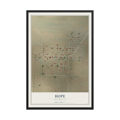 Map of Hope, New Mexico, 12 x 18 inch print in a black wood frame