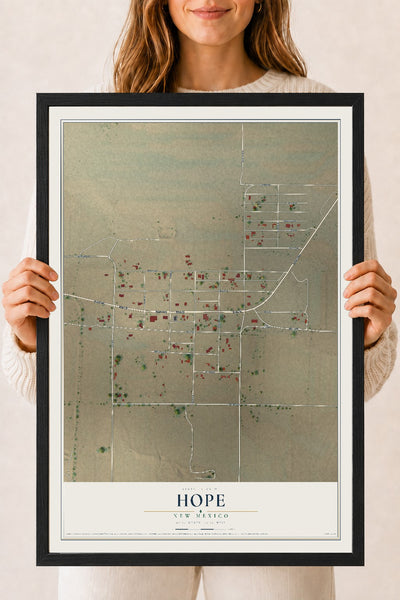 Map of Hope, New Mexico, 18 x 24 inch print in a black wood frame
