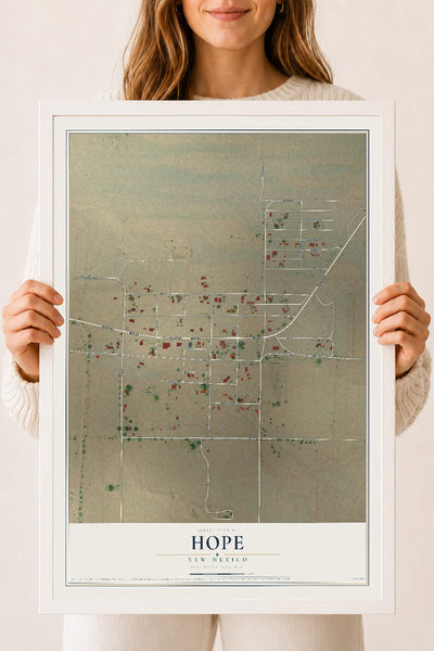 Map of Hope, New Mexico, 18 x 24 inch print in a white wood frame