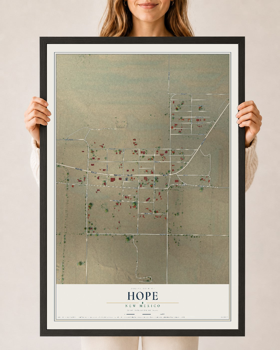 Map of Hope, New Mexico, 24 x 36 inch print in a black wood frame