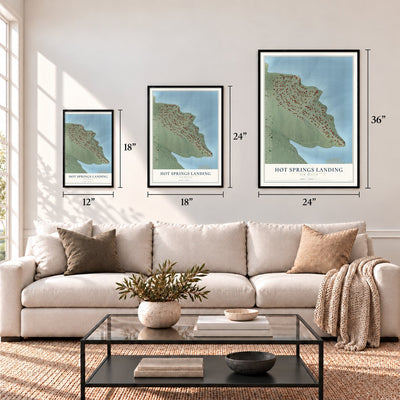 Hot Springs Landing, New Mexico map in 12 x 18, 18 x 24 and 24 x 36 inch sizes above a sofa