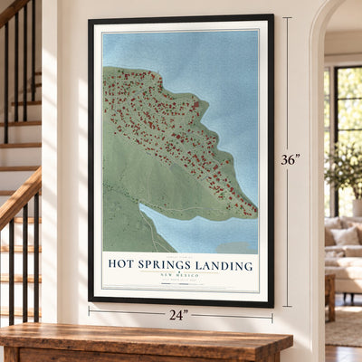 Hot Springs Landing, New Mexico map, 24 x 36 inch print in a black frame by a staircase