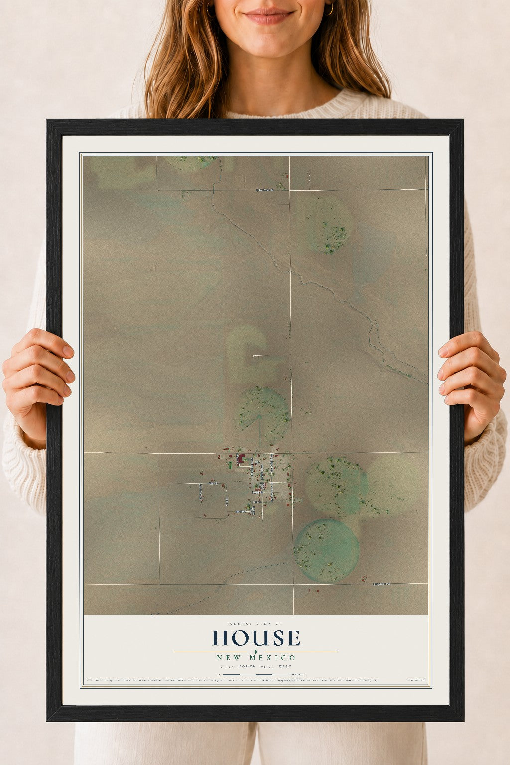 Map of House, New Mexico, 18 x 24 inch print in a black wood frame