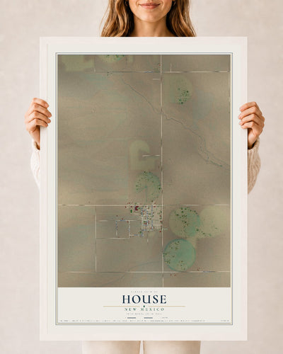 Map of House, New Mexico, 24 x 36 inch print in a white wood frame