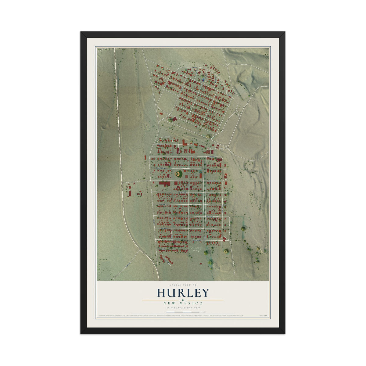 Map of Hurley, New Mexico, 12 x 18 inch print in a black wood frame