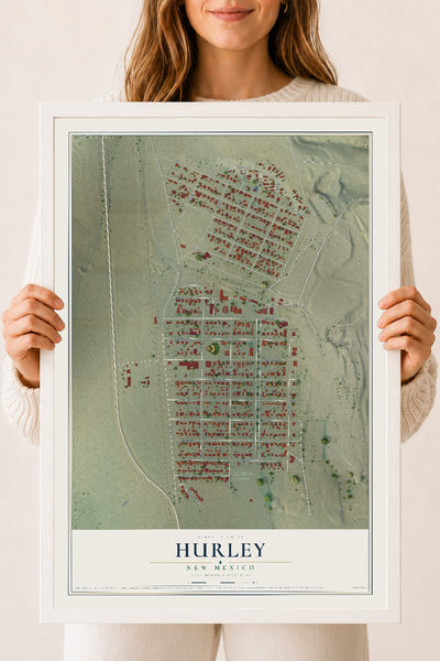 Map of Hurley, New Mexico, 18 x 24 inch print in a white wood frame