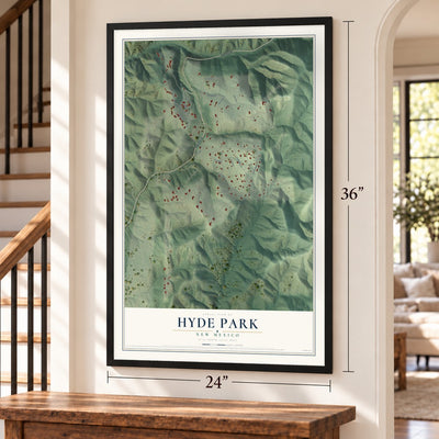 Hyde Park, New Mexico map, 24 x 36 inch print in a black frame by a staircase