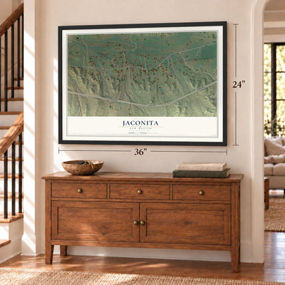 Jaconita, New Mexico map, 24 x 36 inch print in a black frame above a dresser by a staircase