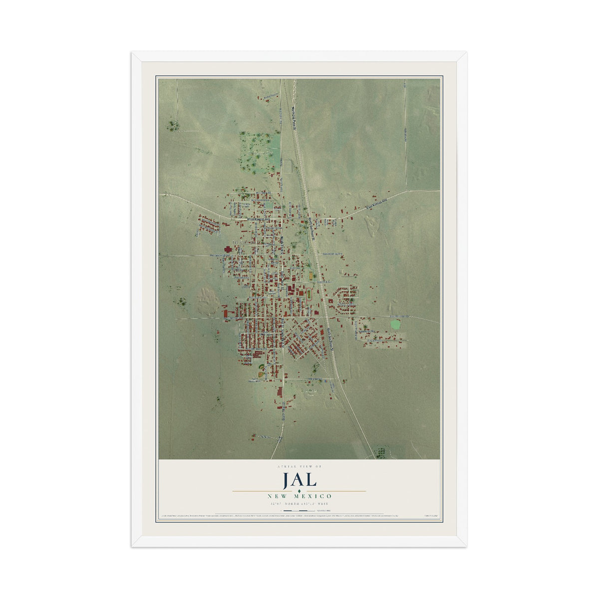 Map of Jal, New Mexico, 12 x 18 inch print in a white wood frame