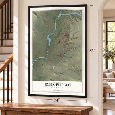 Jemez Pueblo, New Mexico map, 24 x 36 inch print in a black frame by a staircase
