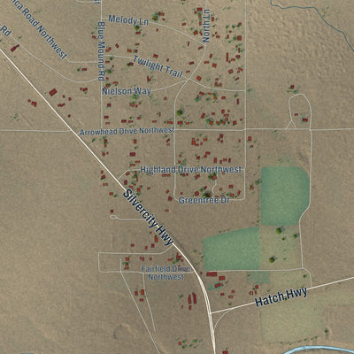 Close-up of the map of Keeler Farm, New Mexico print showing street and building detail