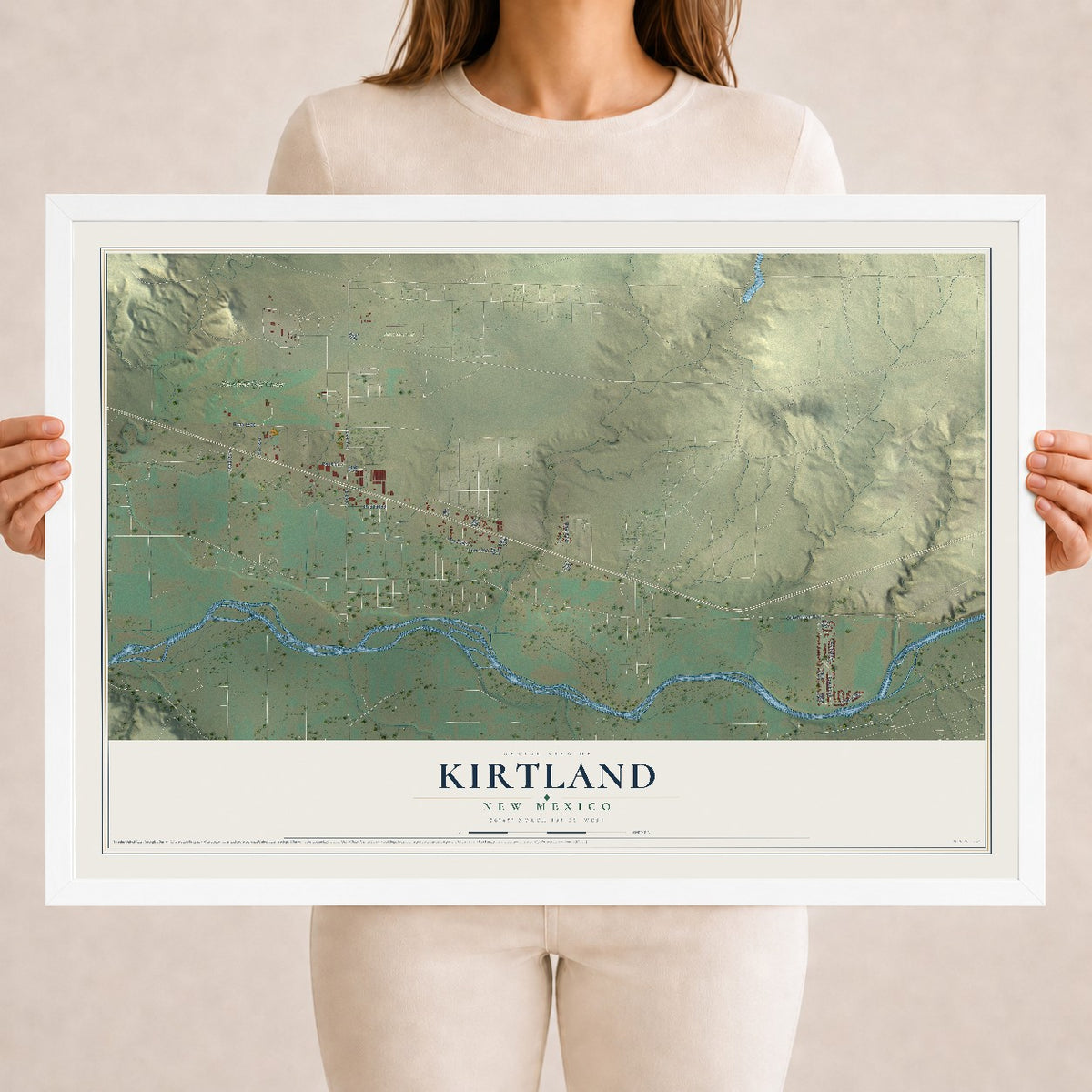 Map of Kirtland, New Mexico, 18 x 24 inch print in a white wood frame