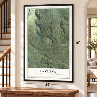 La Cueva, Santa Fe County, New Mexico map, 24 x 36 inch print in a black frame by a staircase