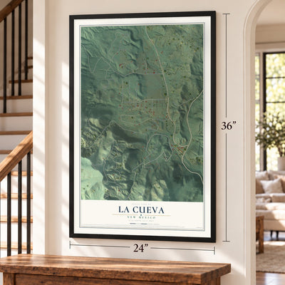 La Cueva, New Mexico map, 24 x 36 inch print in a black frame by a staircase