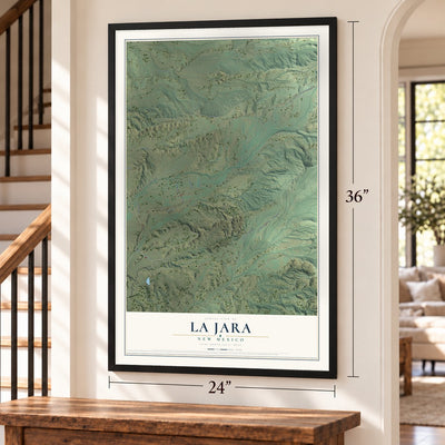 La Jara, New Mexico map, 24 x 36 inch print in a black frame by a staircase