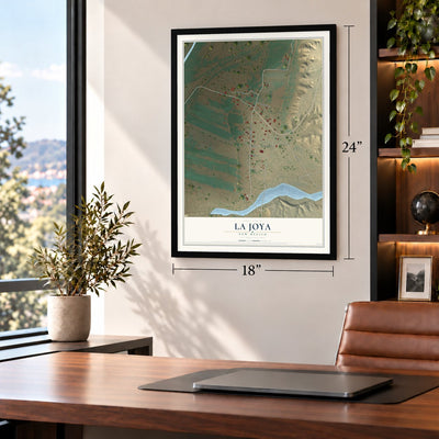La Joya, New Mexico map, 18 x 24 inch print in a black frame in a home office