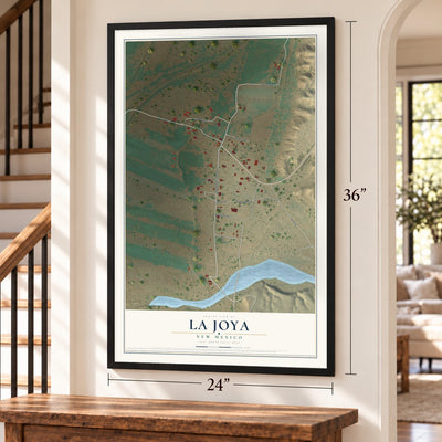 La Joya, New Mexico map, 24 x 36 inch print in a black frame by a staircase