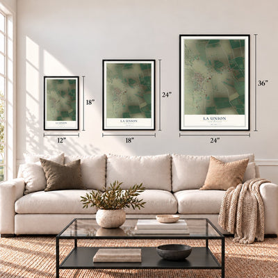 La Union, New Mexico map in 12 x 18, 18 x 24 and 24 x 36 inch sizes above a sofa