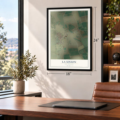 La Union, New Mexico map, 18 x 24 inch print in a black frame in a home office