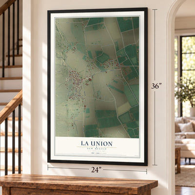 La Union, New Mexico map, 24 x 36 inch print in a black frame by a staircase