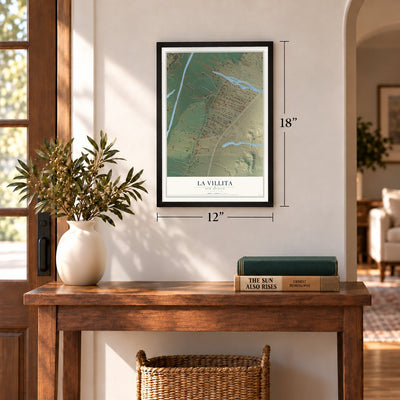La Villita, New Mexico map, 12 x 18 inch print in a black frame in an entryway
