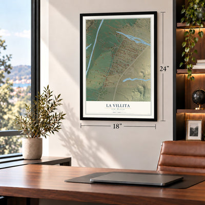 La Villita, New Mexico map, 18 x 24 inch print in a black frame in a home office
