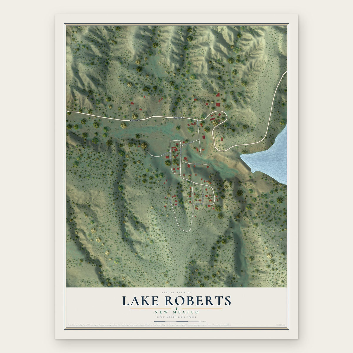 Lake Roberts, New Mexico map print, the full design