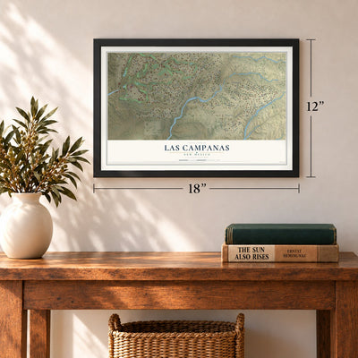 Las Campanas, New Mexico map, 12 x 18 inch print in a black frame in an entryway