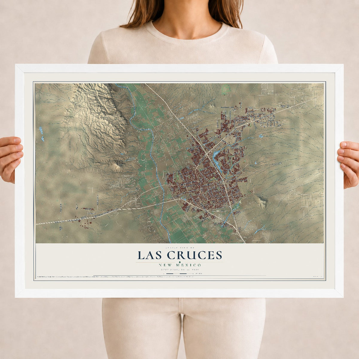 Map of Las Cruces, New Mexico, 18 x 24 inch print in a white wood frame