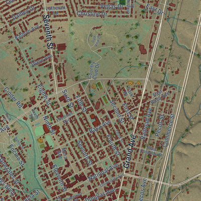 Close-up of the map of Las Vegas, New Mexico print showing street and building detail