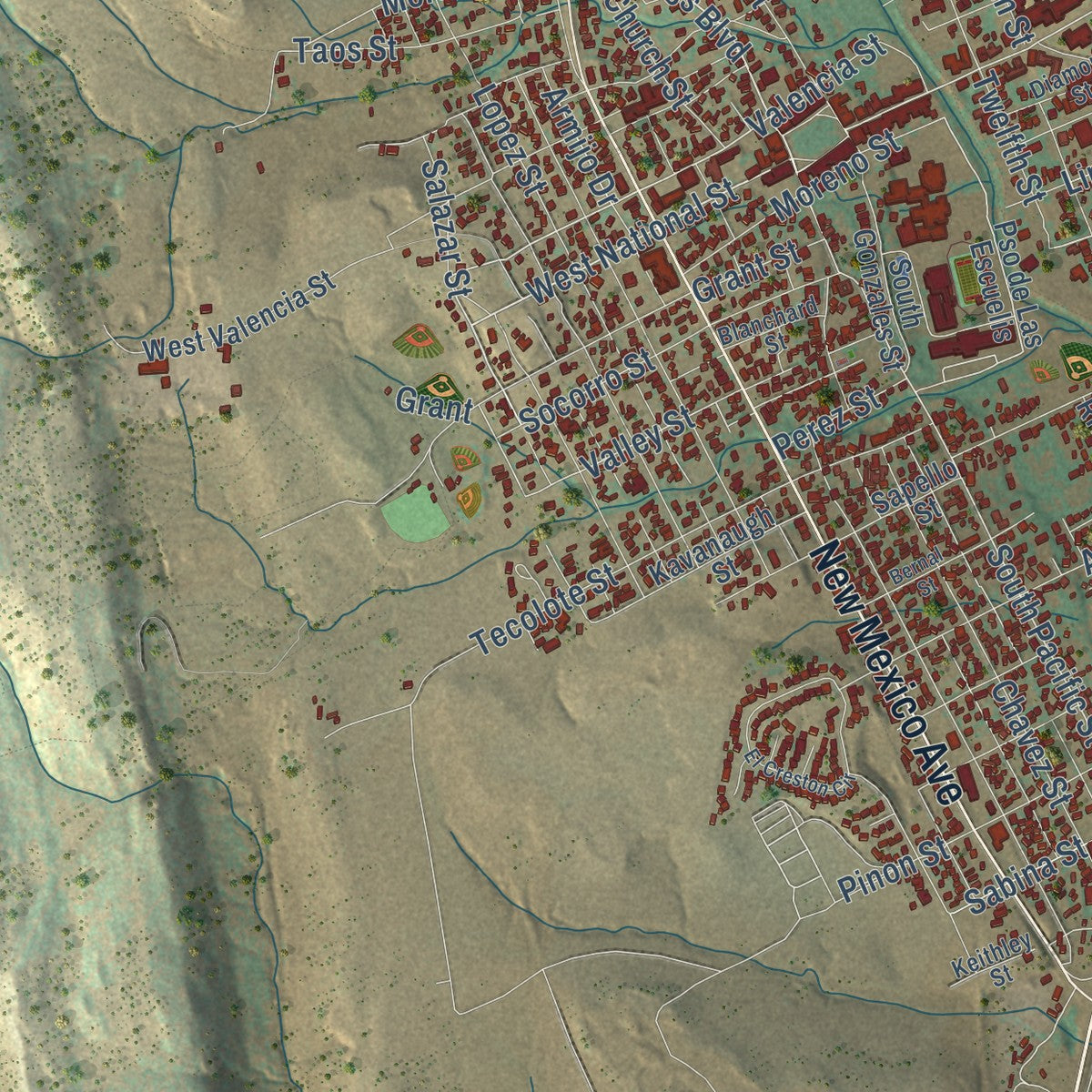 Second close-up of the map of Las Vegas, New Mexico print showing more streets and buildings