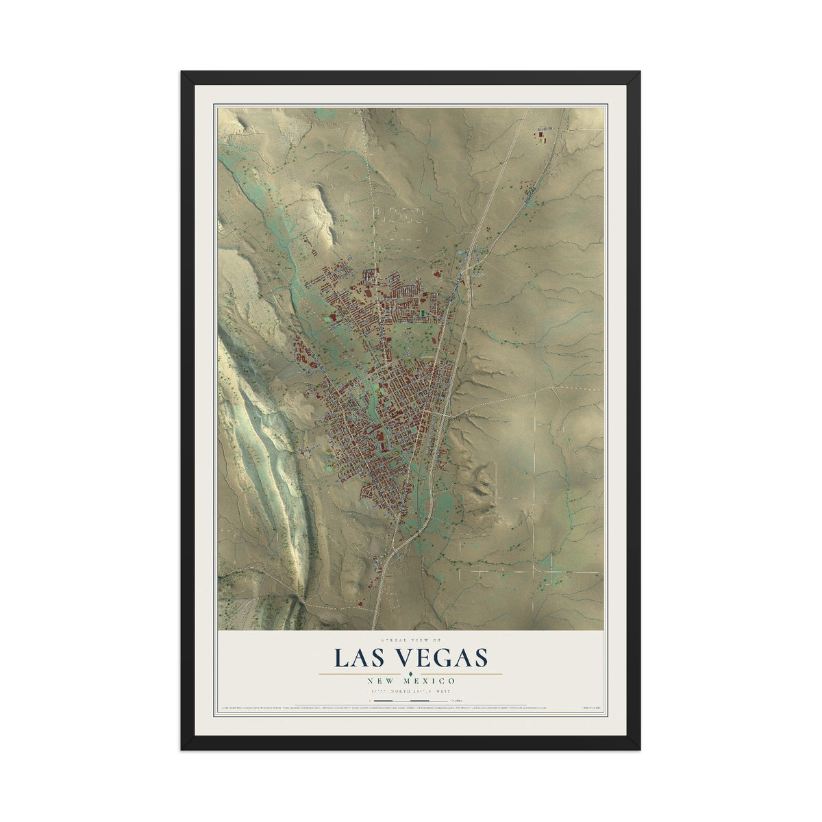 Map of Las Vegas, New Mexico, 12 x 18 inch print in a black wood frame