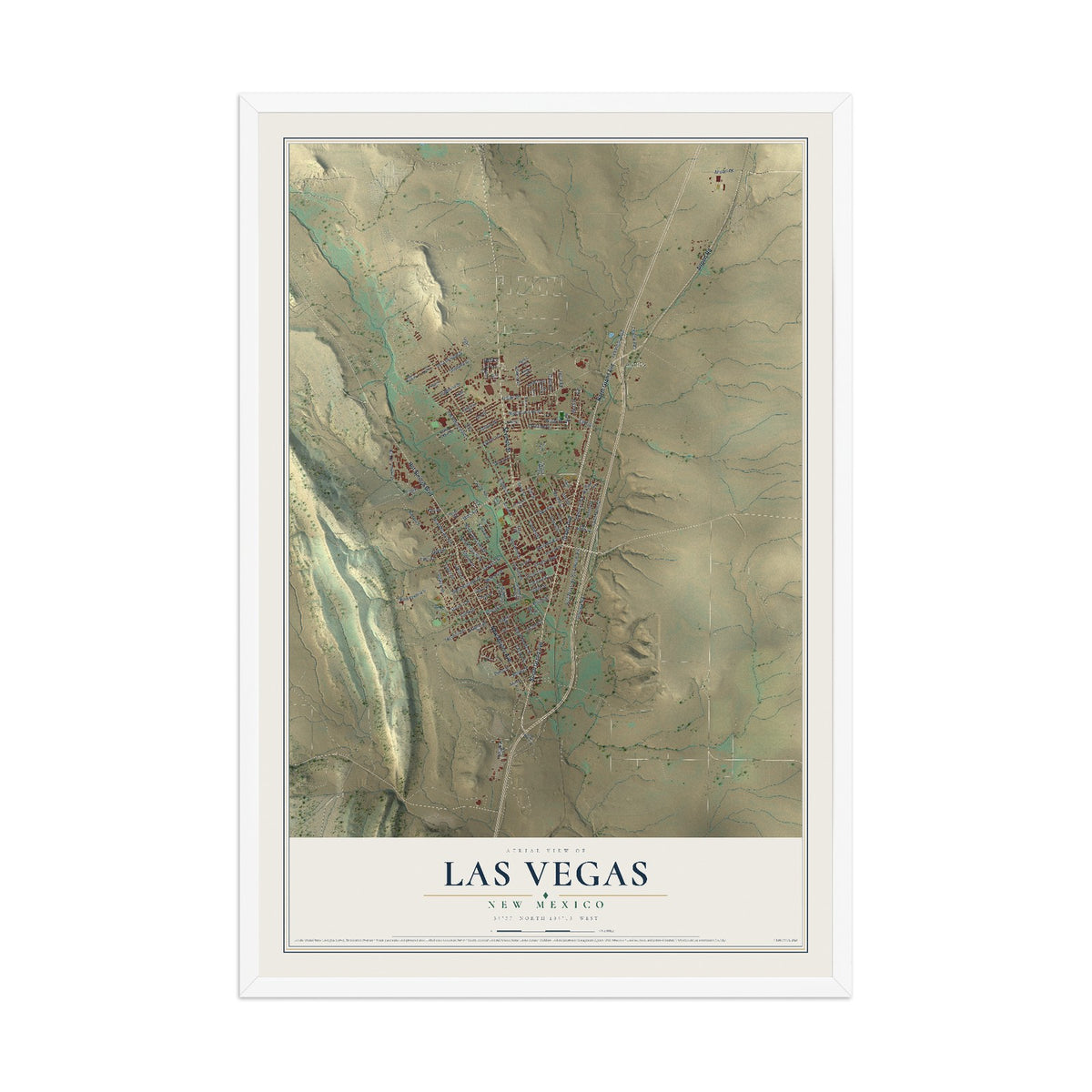Map of Las Vegas, New Mexico, 12 x 18 inch print in a white wood frame