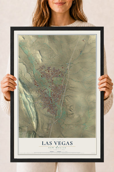 Map of Las Vegas, New Mexico, 18 x 24 inch print in a black wood frame