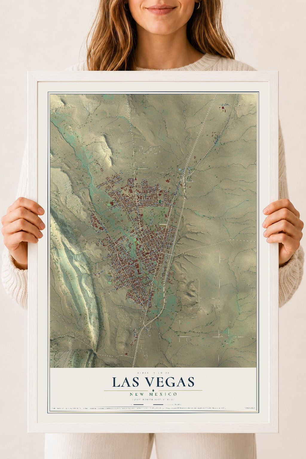 Map of Las Vegas, New Mexico, 18 x 24 inch print in a white wood frame