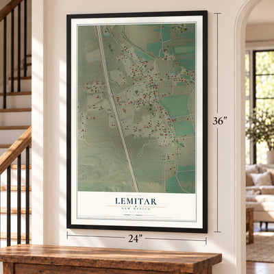 Lemitar, New Mexico map, 24 x 36 inch print in a black frame by a staircase