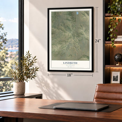 Lindrith, New Mexico map, 18 x 24 inch print in a black frame in a home office
