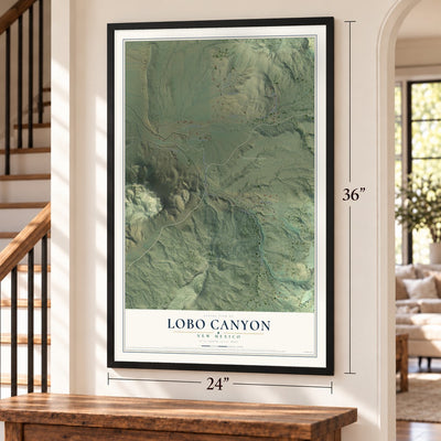 Lobo Canyon, New Mexico map, 24 x 36 inch print in a black frame by a staircase