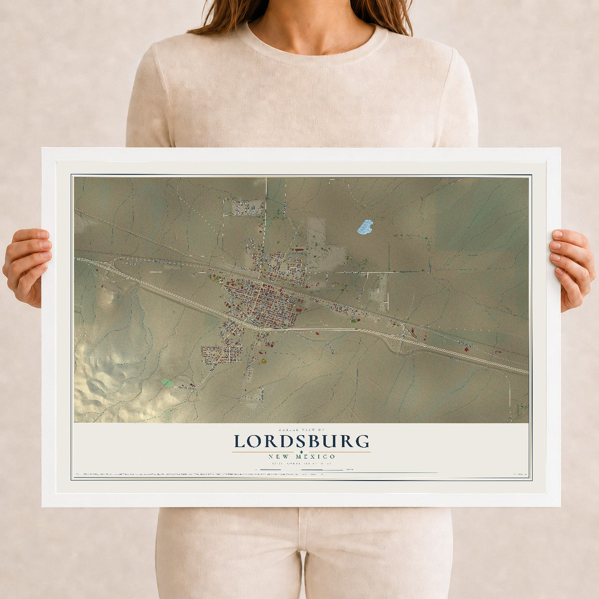 Map of Lordsburg, New Mexico, 12 x 18 inch print in a white wood frame