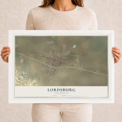 Map of Lordsburg, New Mexico, 12 x 18 inch print in a white wood frame