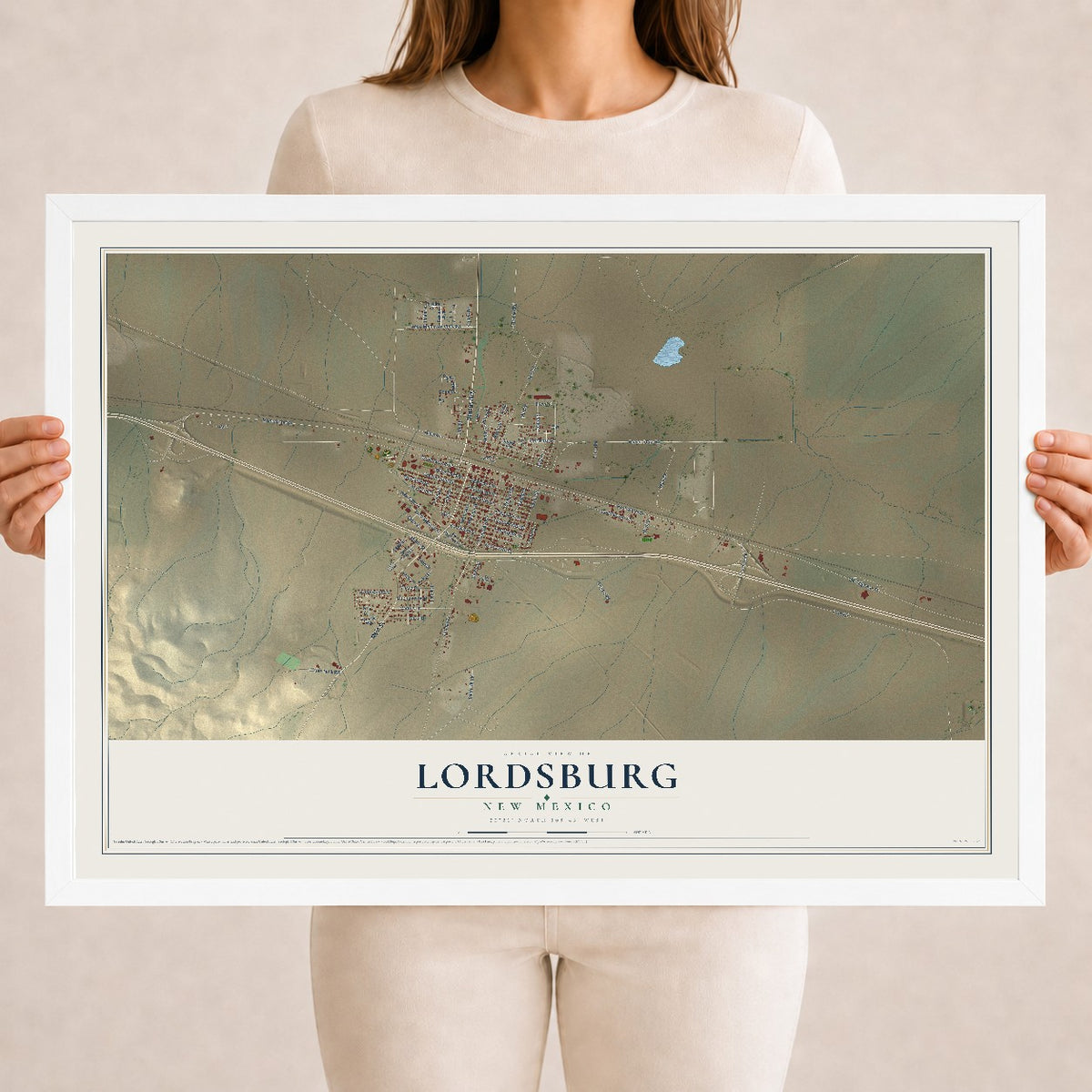 Map of Lordsburg, New Mexico, 18 x 24 inch print in a white wood frame