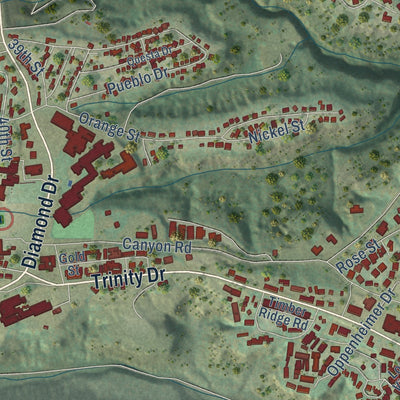 Second close-up of the map of Los Alamos, New Mexico print showing more streets and buildings