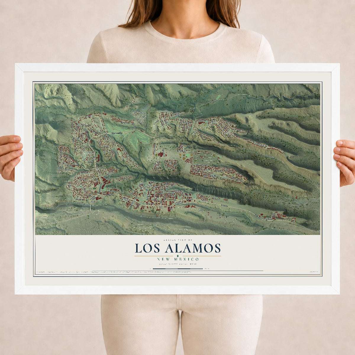 Map of Los Alamos, New Mexico, 18 x 24 inch print in a white wood frame