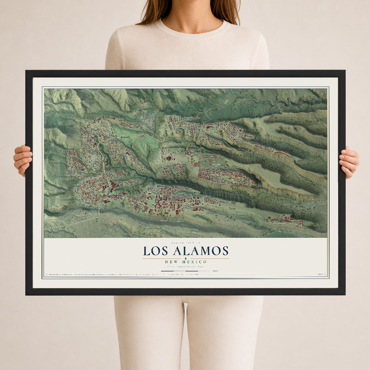 Map of Los Alamos, New Mexico, 24 x 36 inch print in a black wood frame